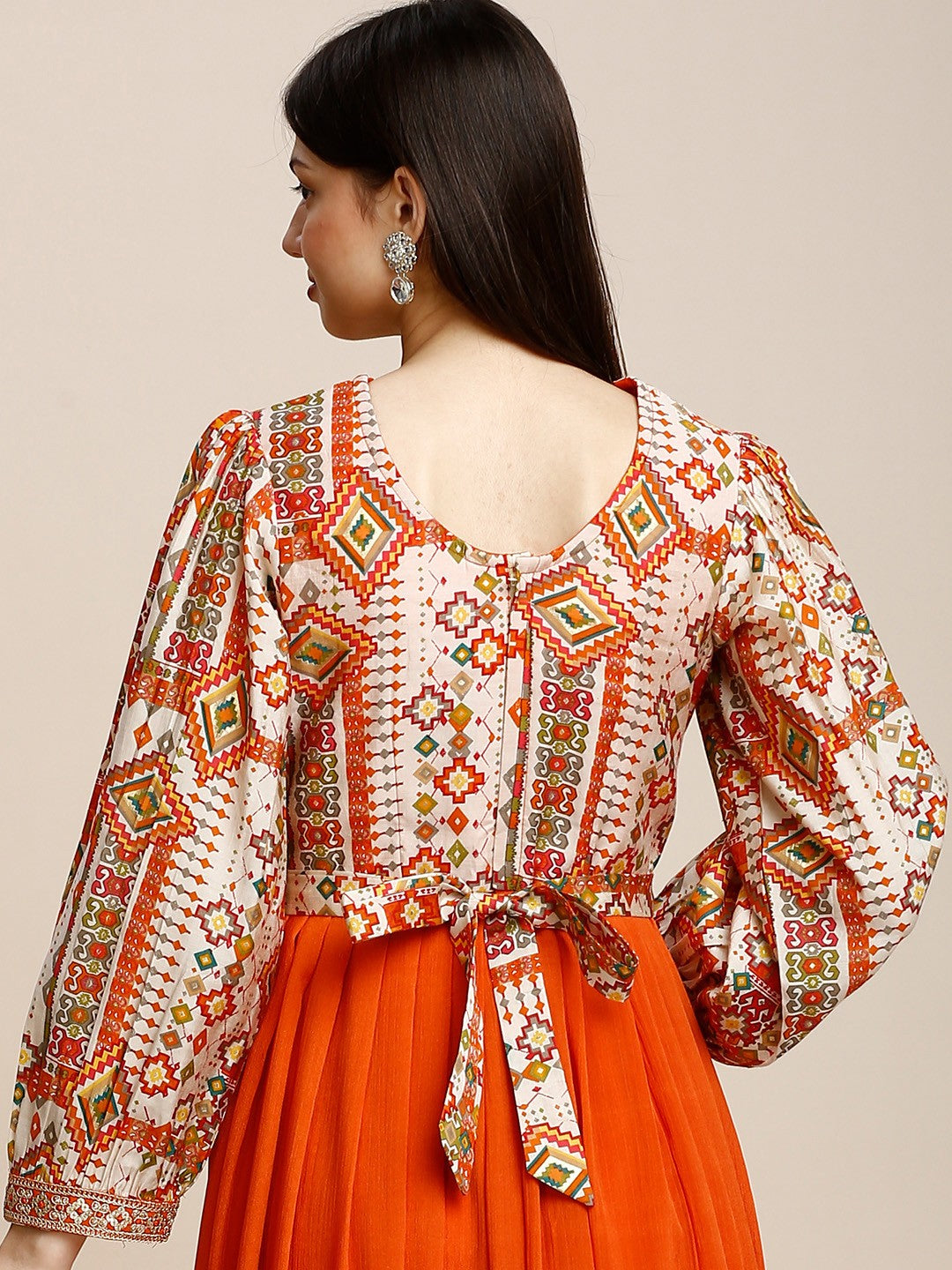 Orange Silk Puff Sleeve Long Gown