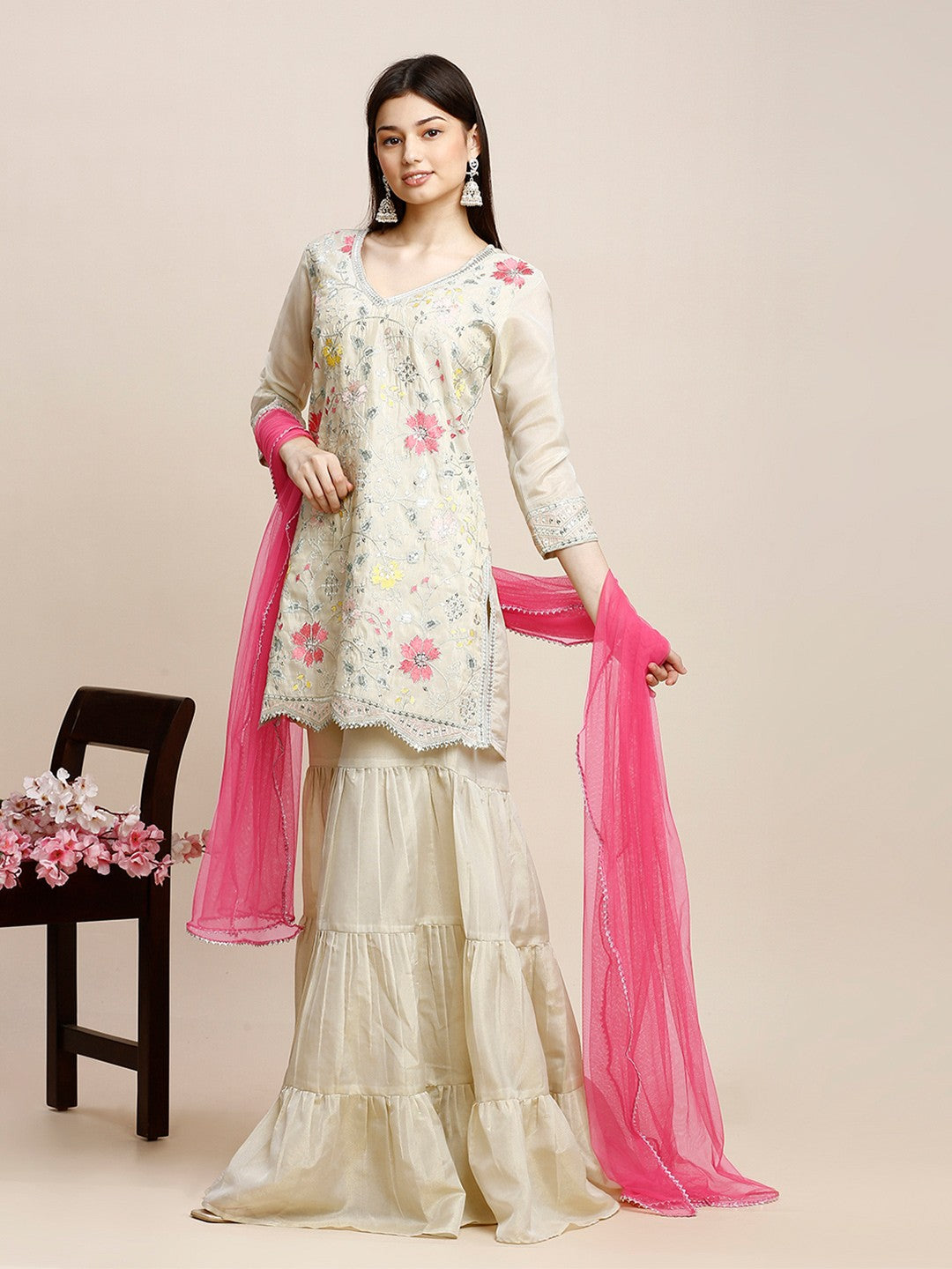 White Poly Silk Kurta Sets For Women With Sharara & Dupatta