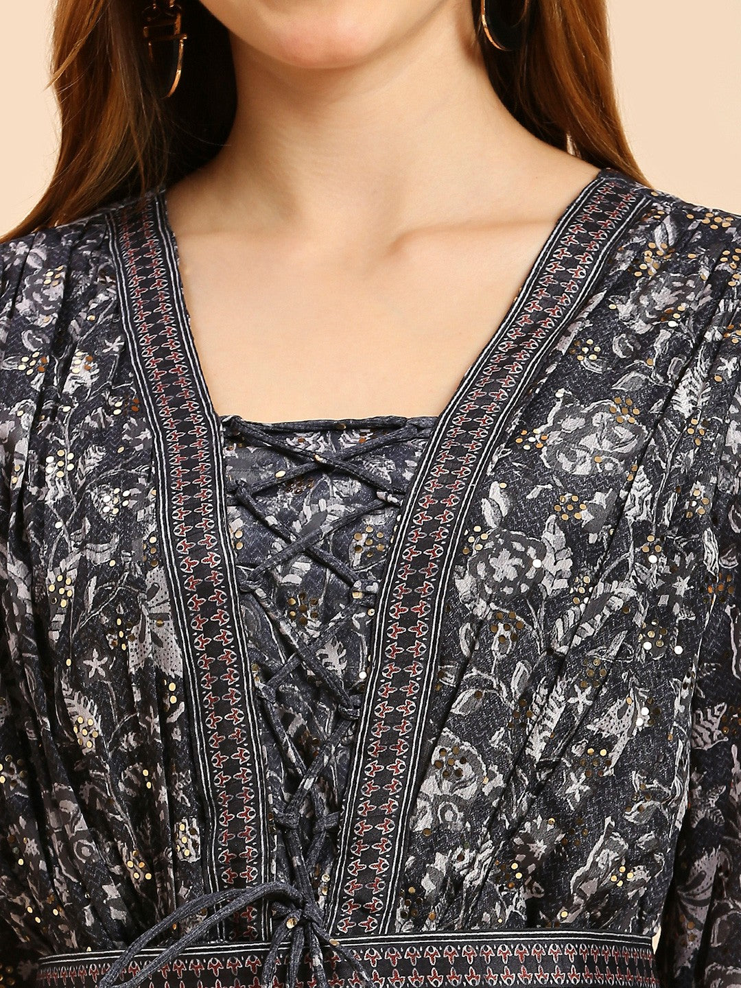 Black Floral Printed Long Gown Dress For Women