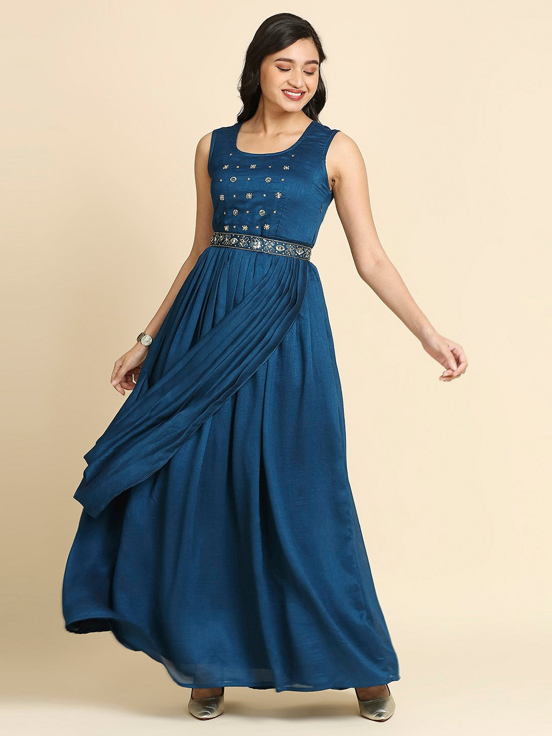 Readymade Embroidery Blue Sleeveless Gown With 3/4 Sleeve Jacket & Belt