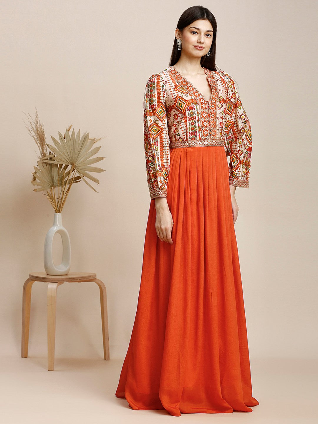 Orange Silk Puff Sleeve Long Gown