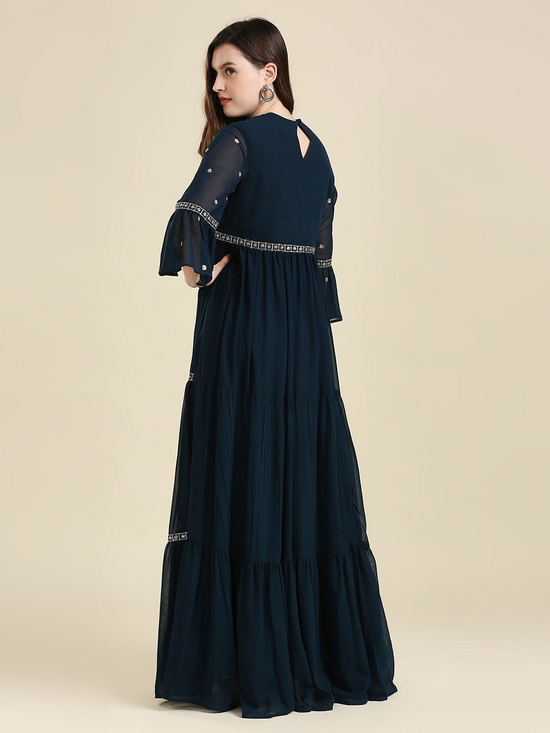 Navy Blue & Gold Georgette Long Gown Dress for Women