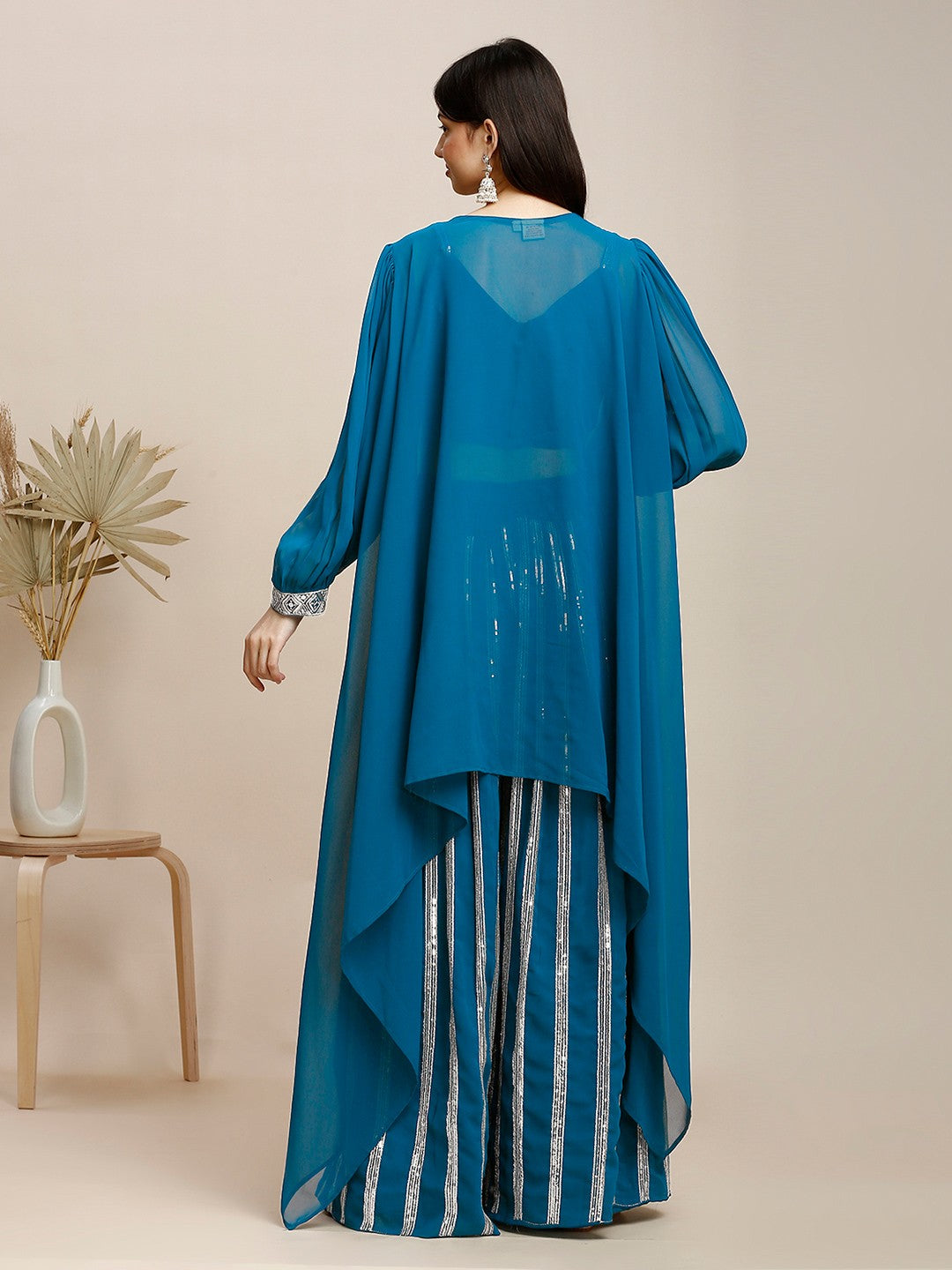 Blue Silk & Georgette Plazzo Set For Women With Crop Top & Shrug