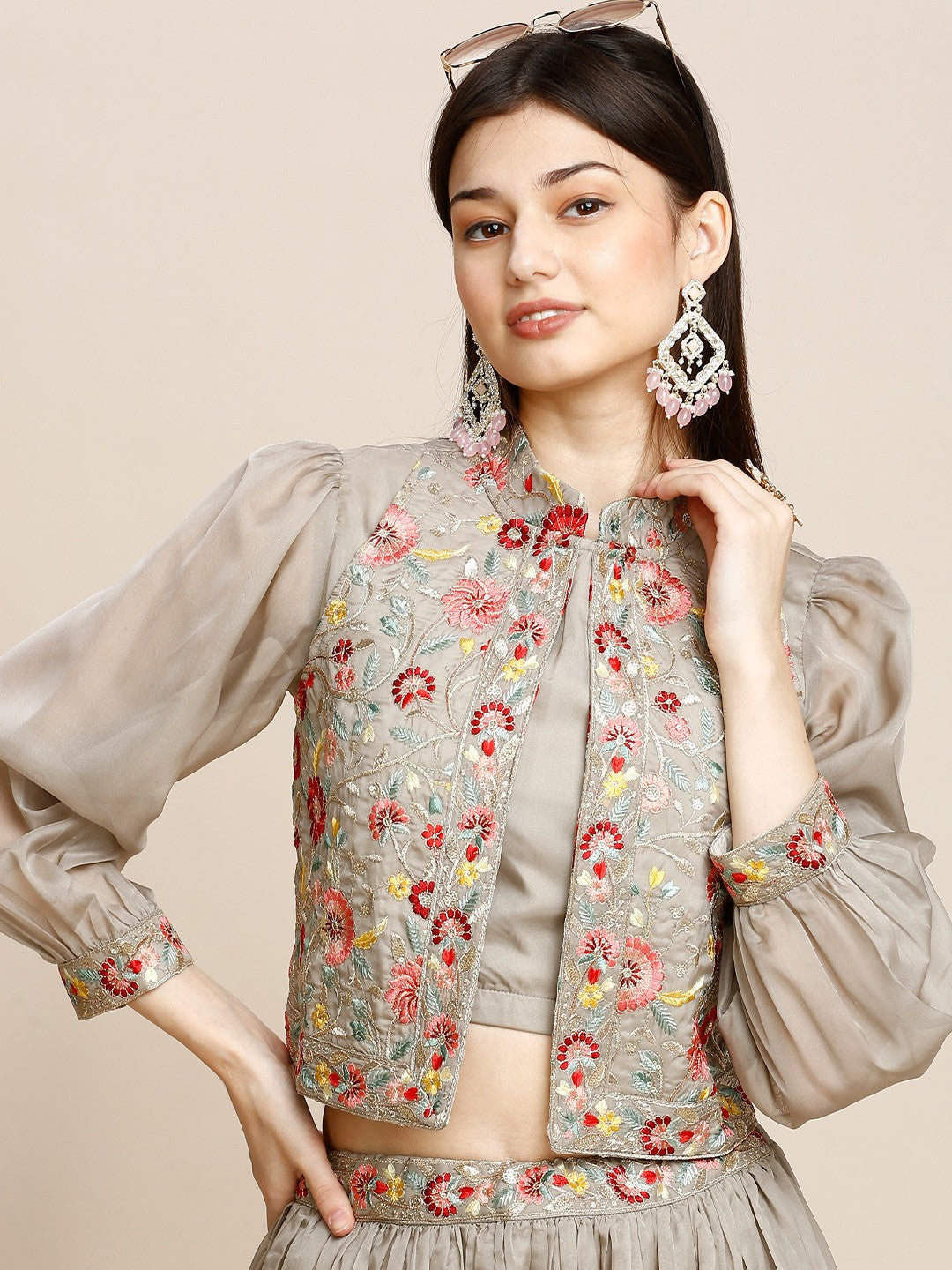 Grey Cotton Embroidered Lehenga Choli For Women