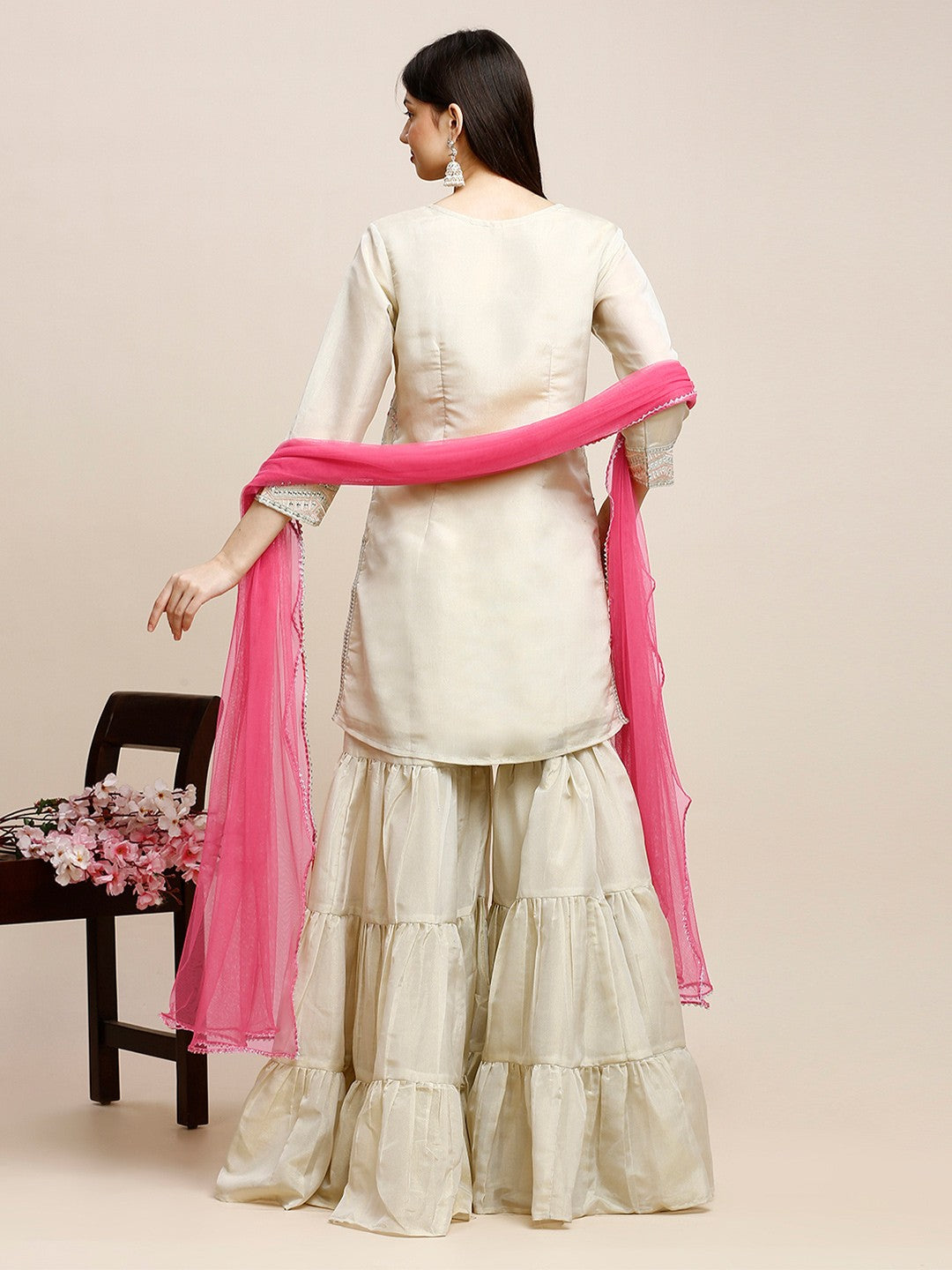 White Poly Silk Kurta Sets For Women With Sharara & Dupatta