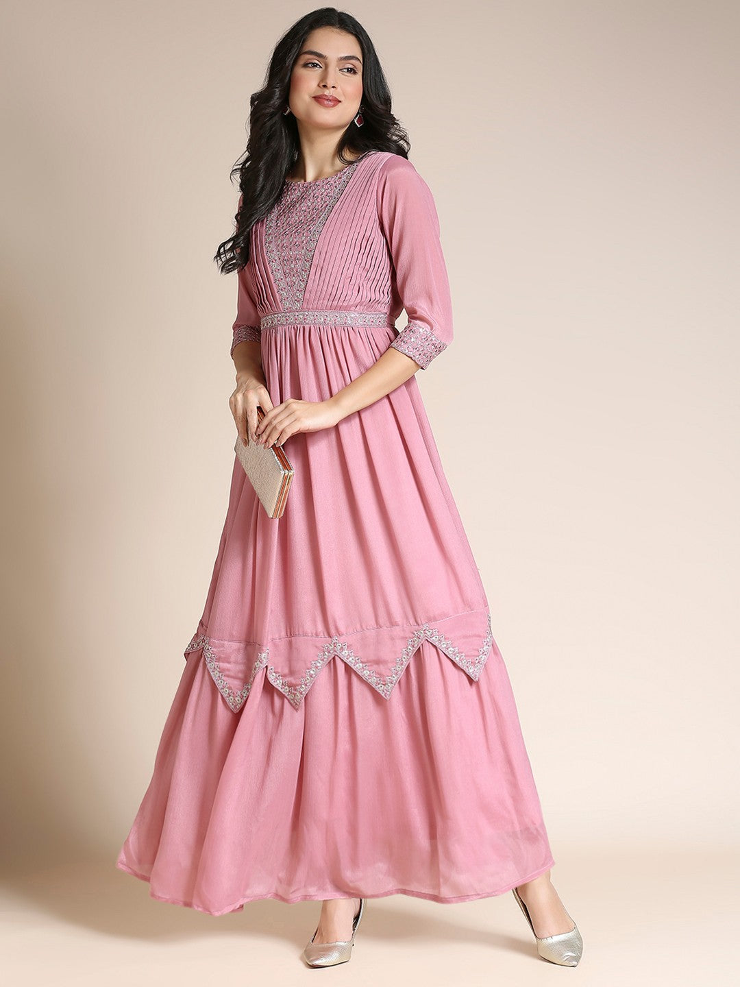 Pink Chiffon Anarkali Long Gown