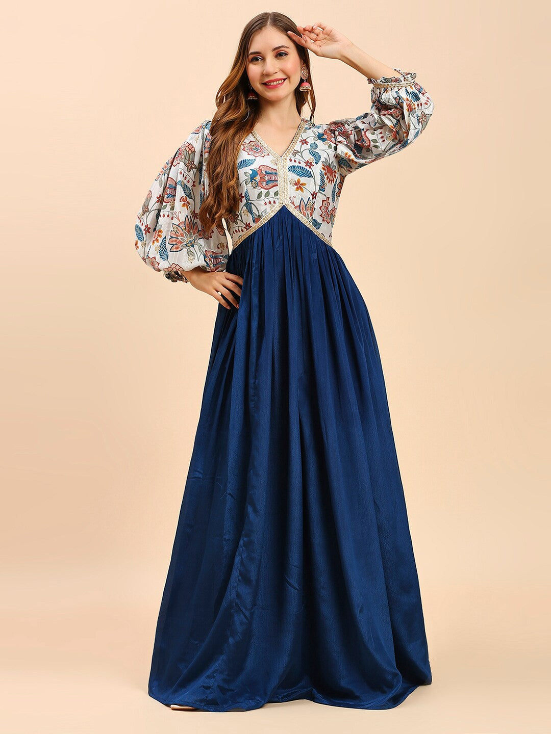 White & Blue Silk Long Gown Dress For Women