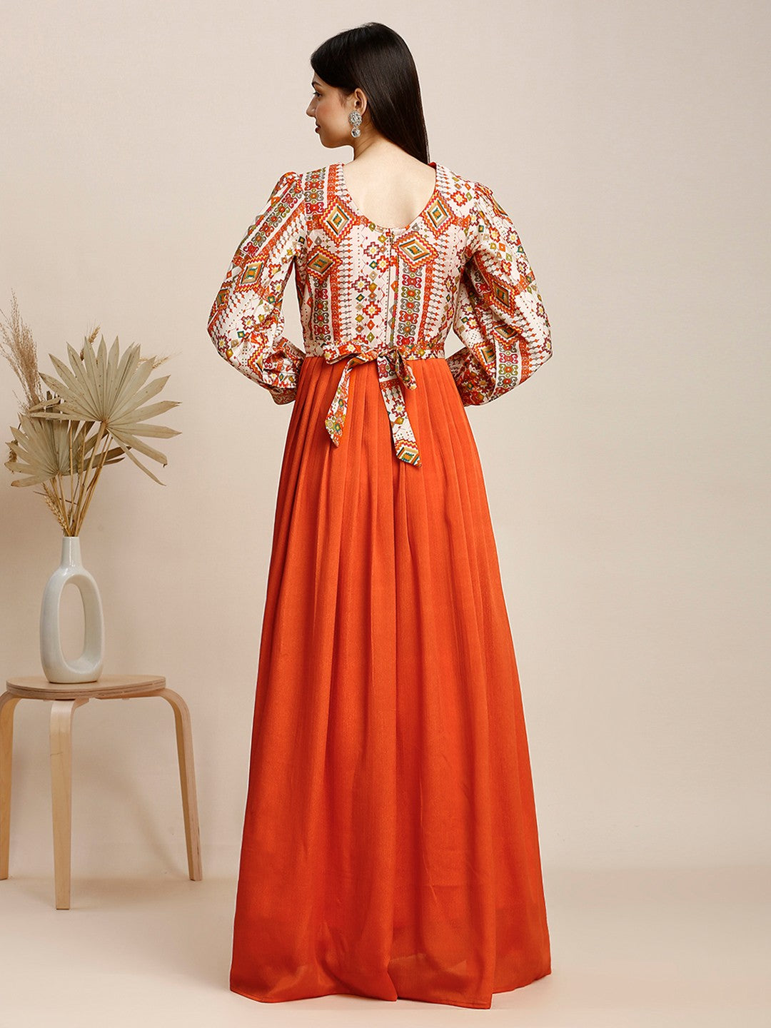 Orange Silk Puff Sleeve Long Gown