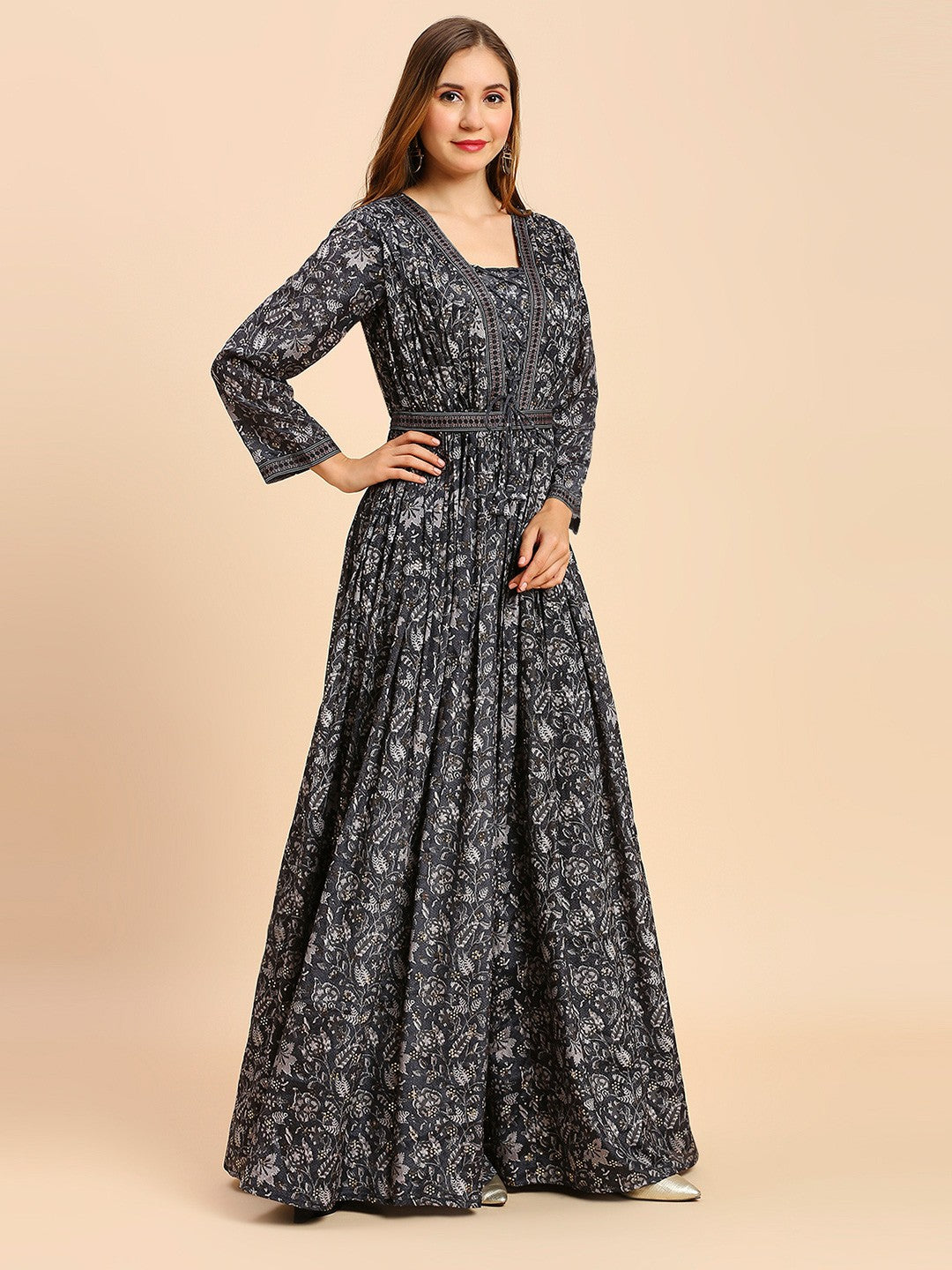 Black Floral Printed Long Gown Dress For Women