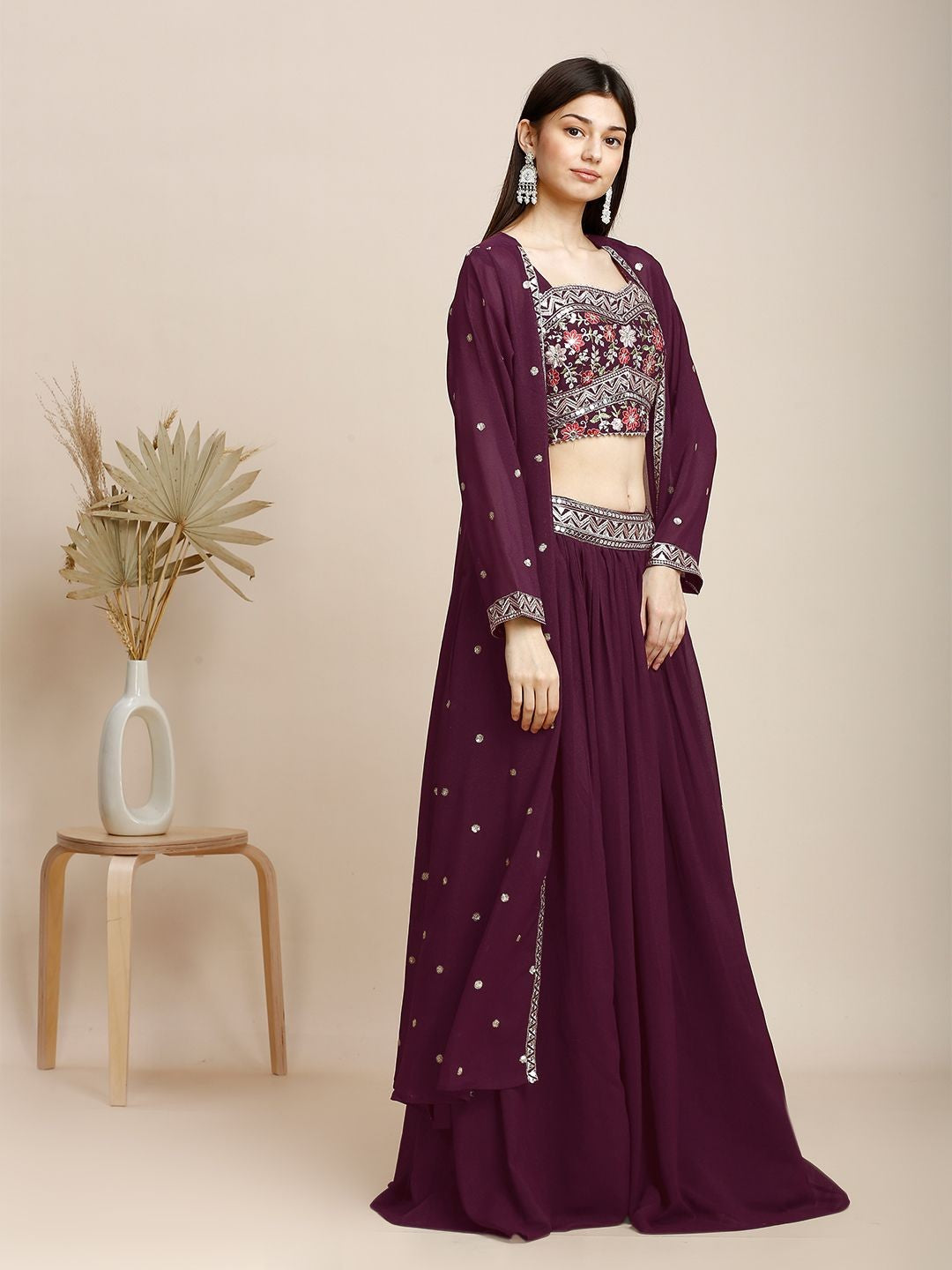 Maroon Silk & Georgette Plazzo Set For Women With Top & Shrug