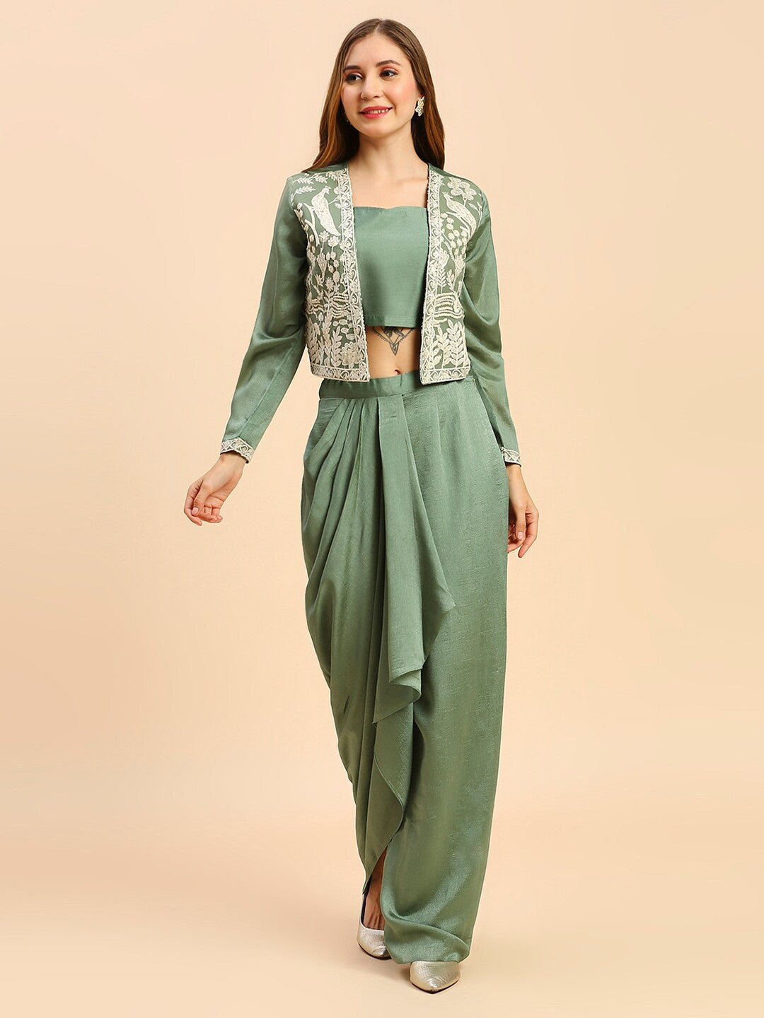 Green Silk Indo Wester Lehenga Choli For Women With Jacket