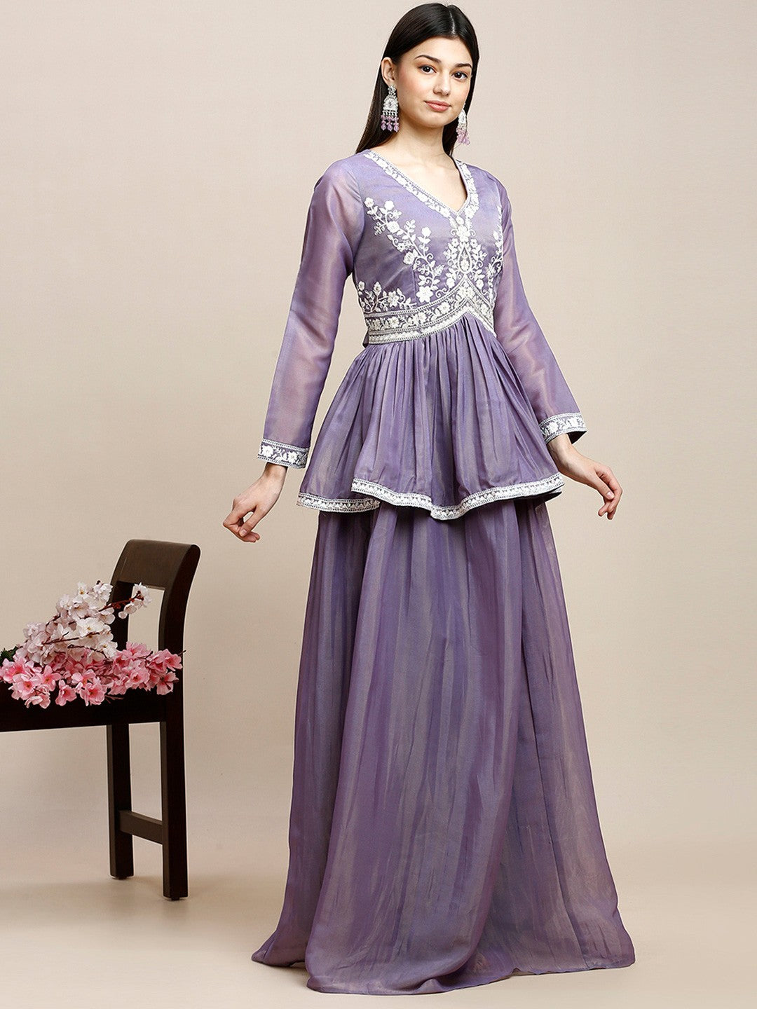 Lavender Crepe Long Gown Dress for Women