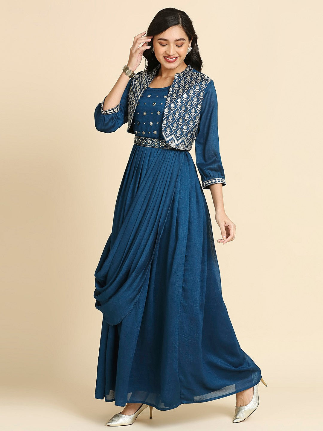 Readymade Embroidery Blue Sleeveless Gown With 3/4 Sleeve Jacket & Belt