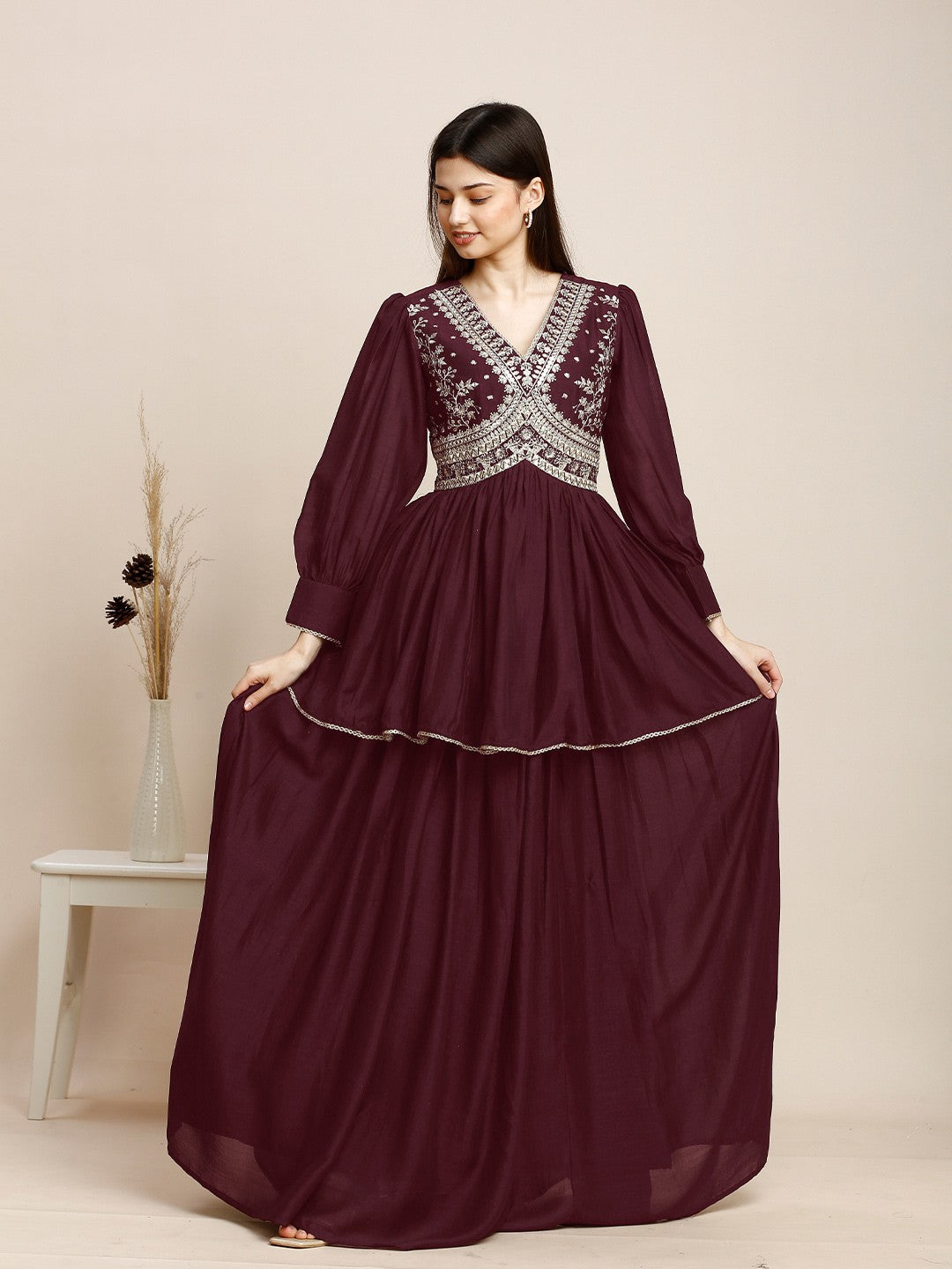 Maroon Knitted Long Gown Dress For Women
