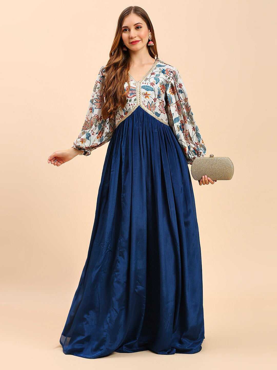 White & Blue Silk Long Gown Dress For Women