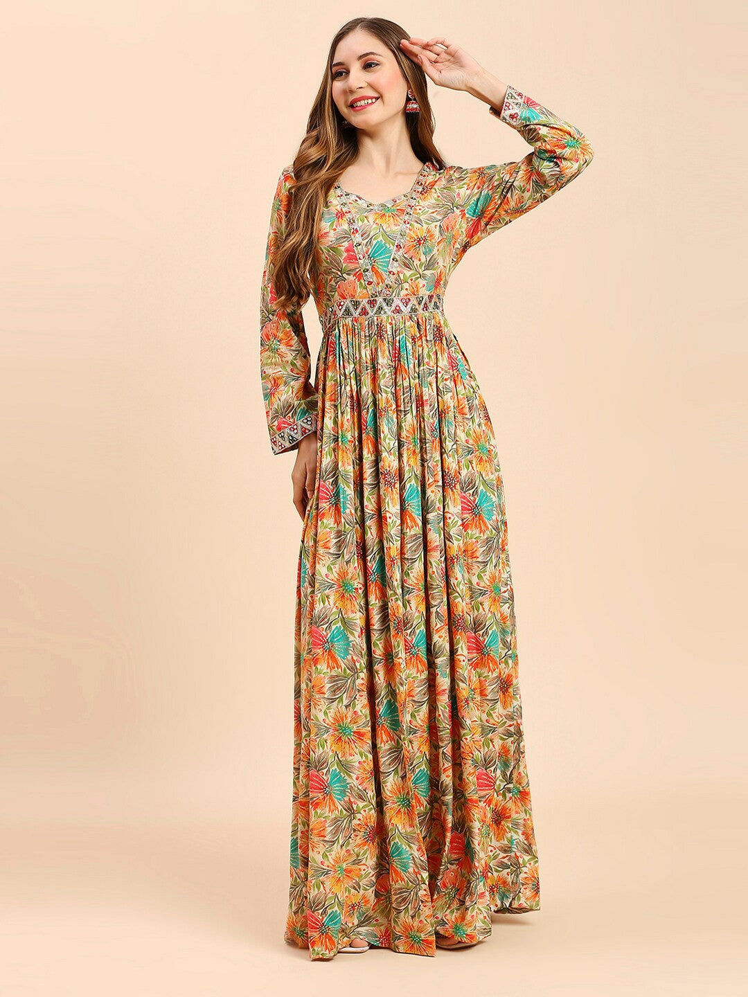 Floral Printed Rayon Long Gown Dress For Women