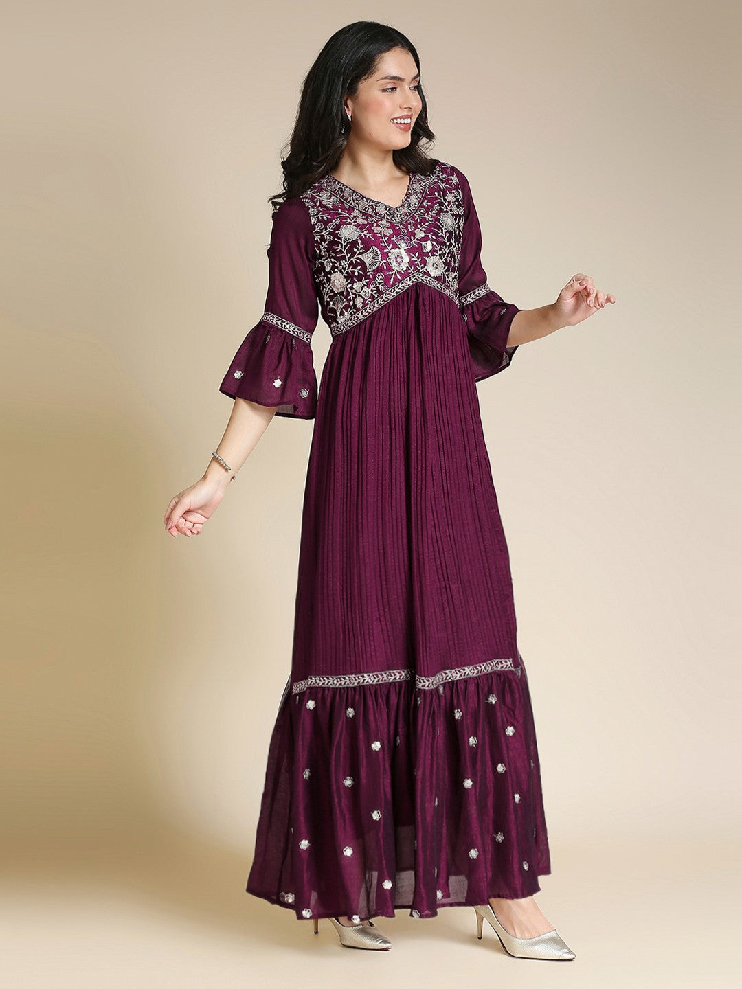 Maroon Satin Anarkali Long Gown
