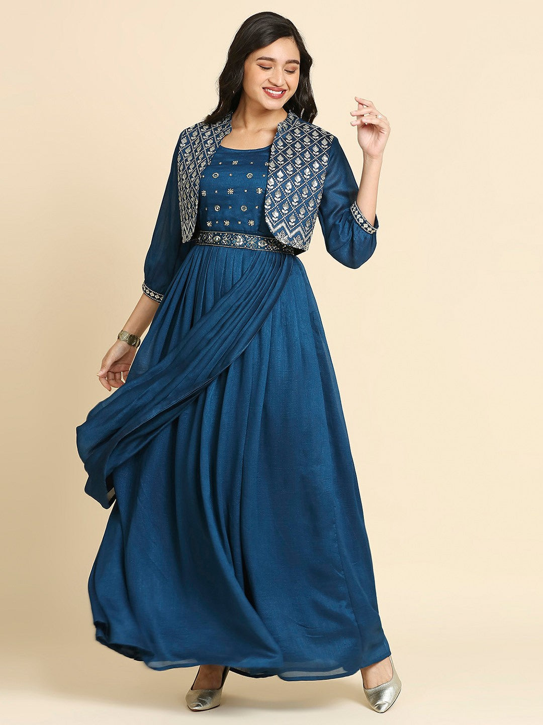 Readymade Embroidery Blue Sleeveless Gown With 3/4 Sleeve Jacket & Belt