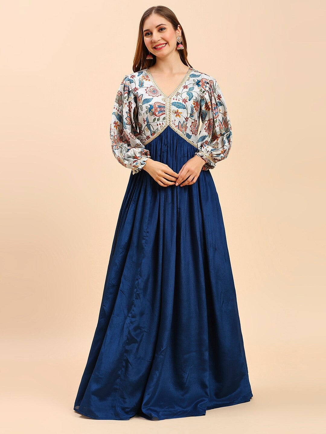 White & Blue Silk Long Gown Dress For Women