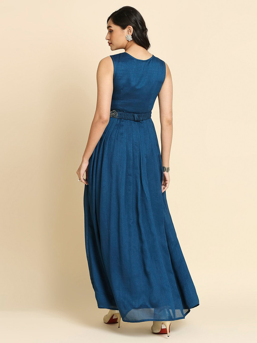 Readymade Embroidery Blue Sleeveless Gown With 3/4 Sleeve Jacket & Belt