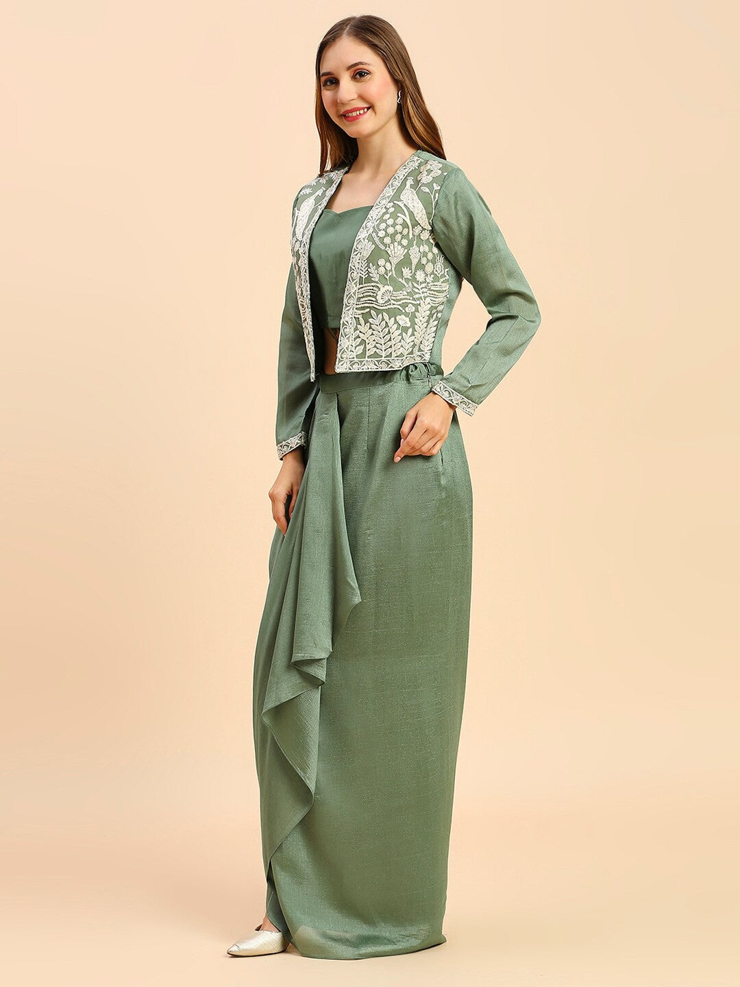 Green Silk Indo Wester Lehenga Choli For Women With Jacket