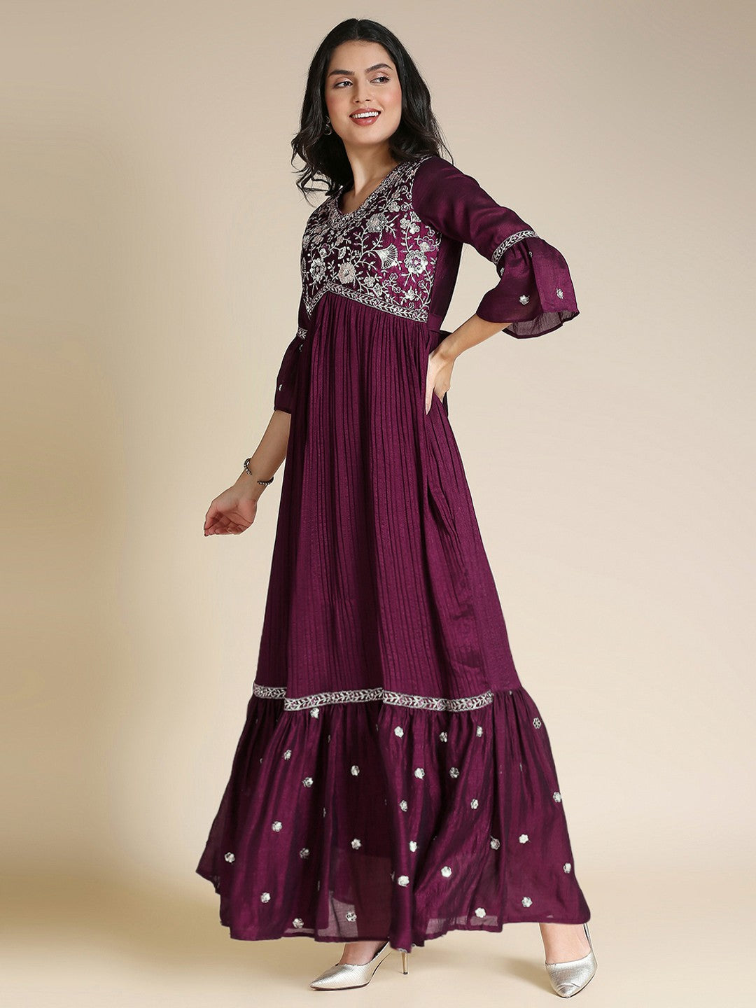 Maroon Satin Anarkali Long Gown