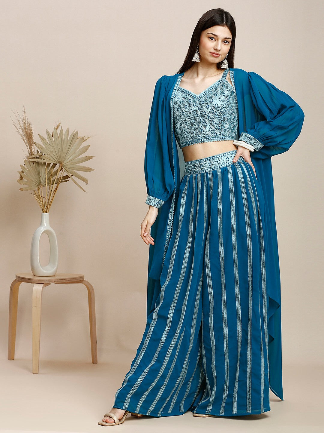 Blue Silk & Georgette Plazzo Set For Women With Crop Top & Shrug