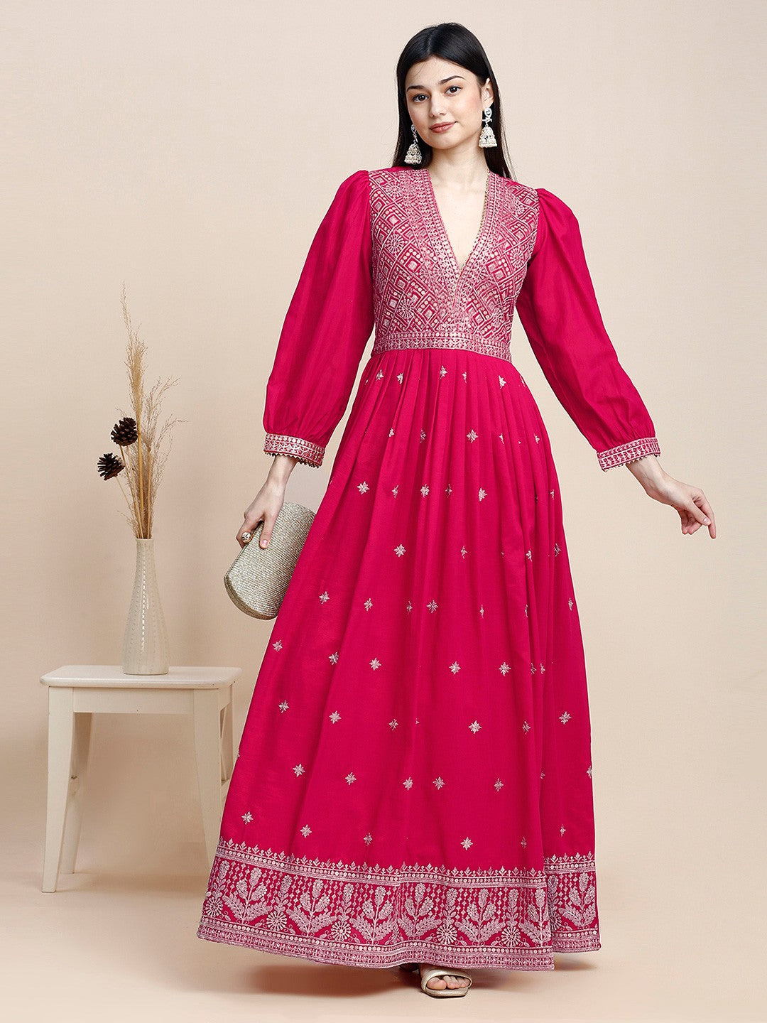 Pink Crepe Puff Sleeves Anarkali Long Gown