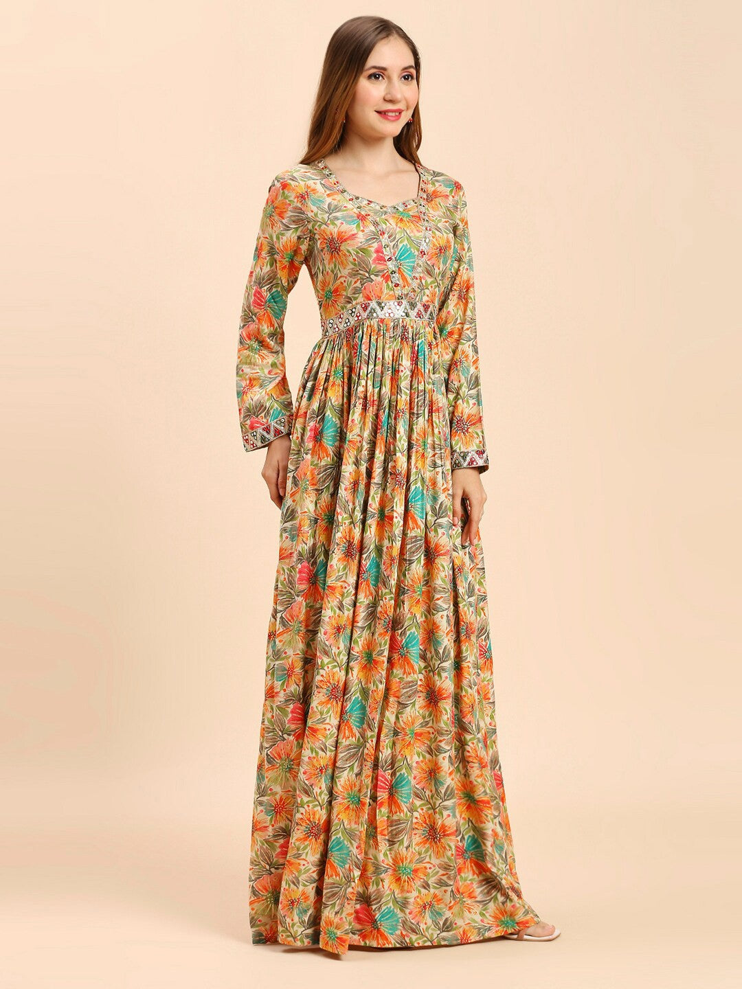 Floral Printed Rayon Long Gown Dress For Women