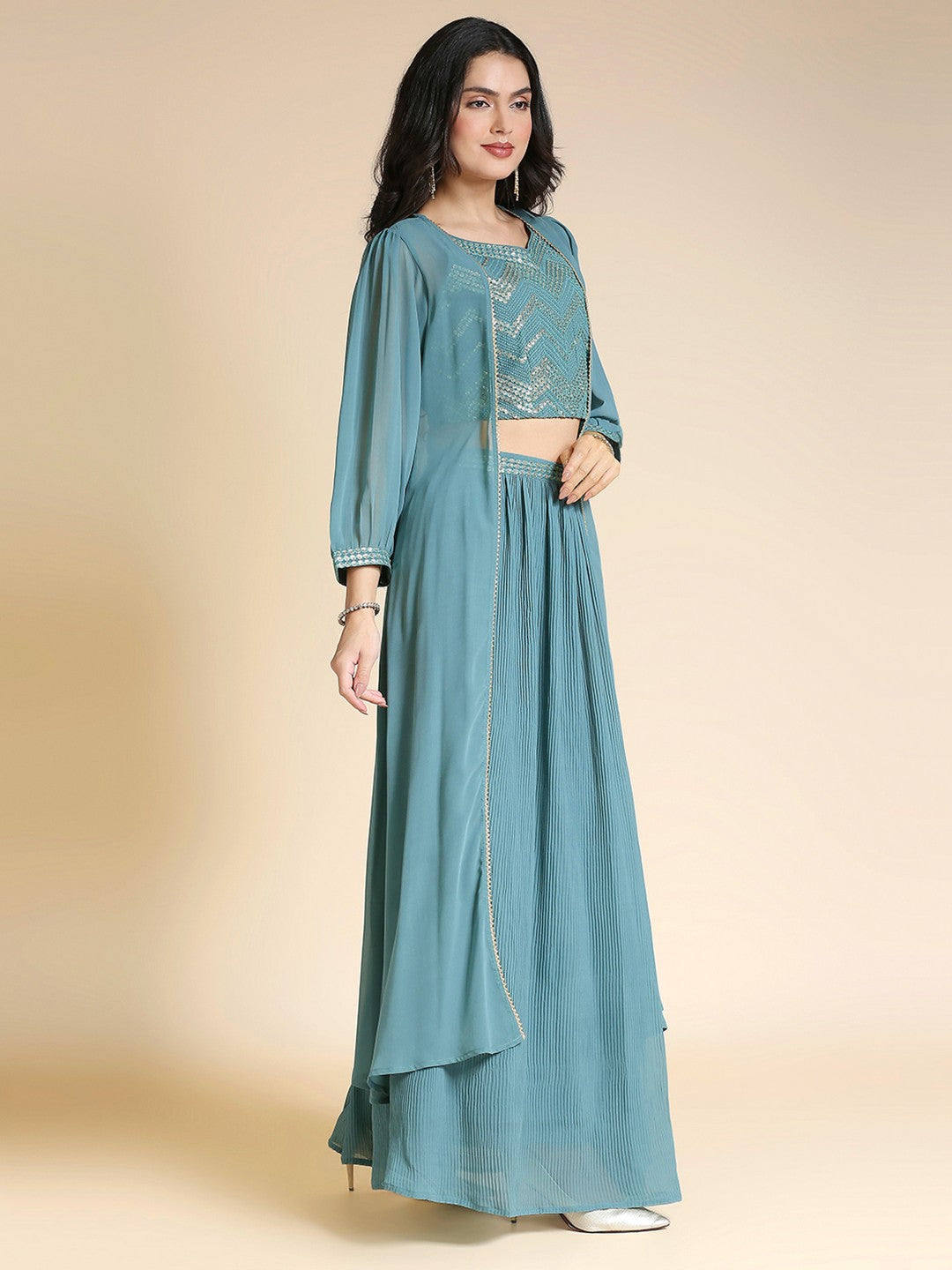 Teal & Gold Georgette Lehenga Choli For Women With Shrug