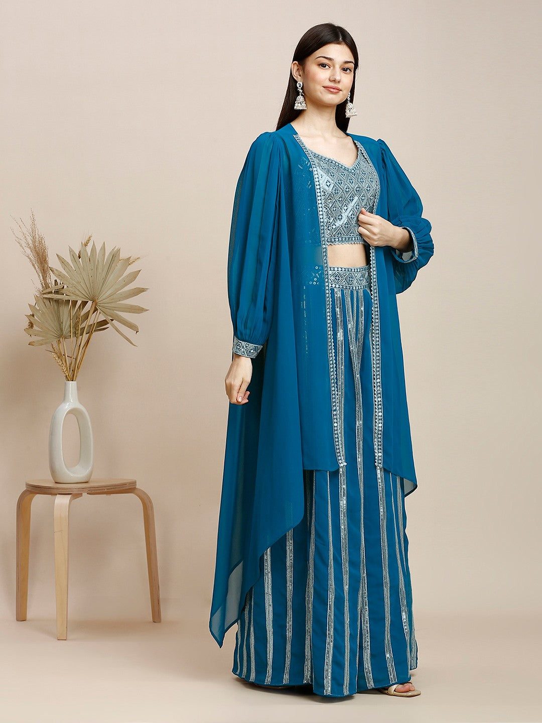 Blue Silk & Georgette Plazzo Set For Women With Crop Top & Shrug