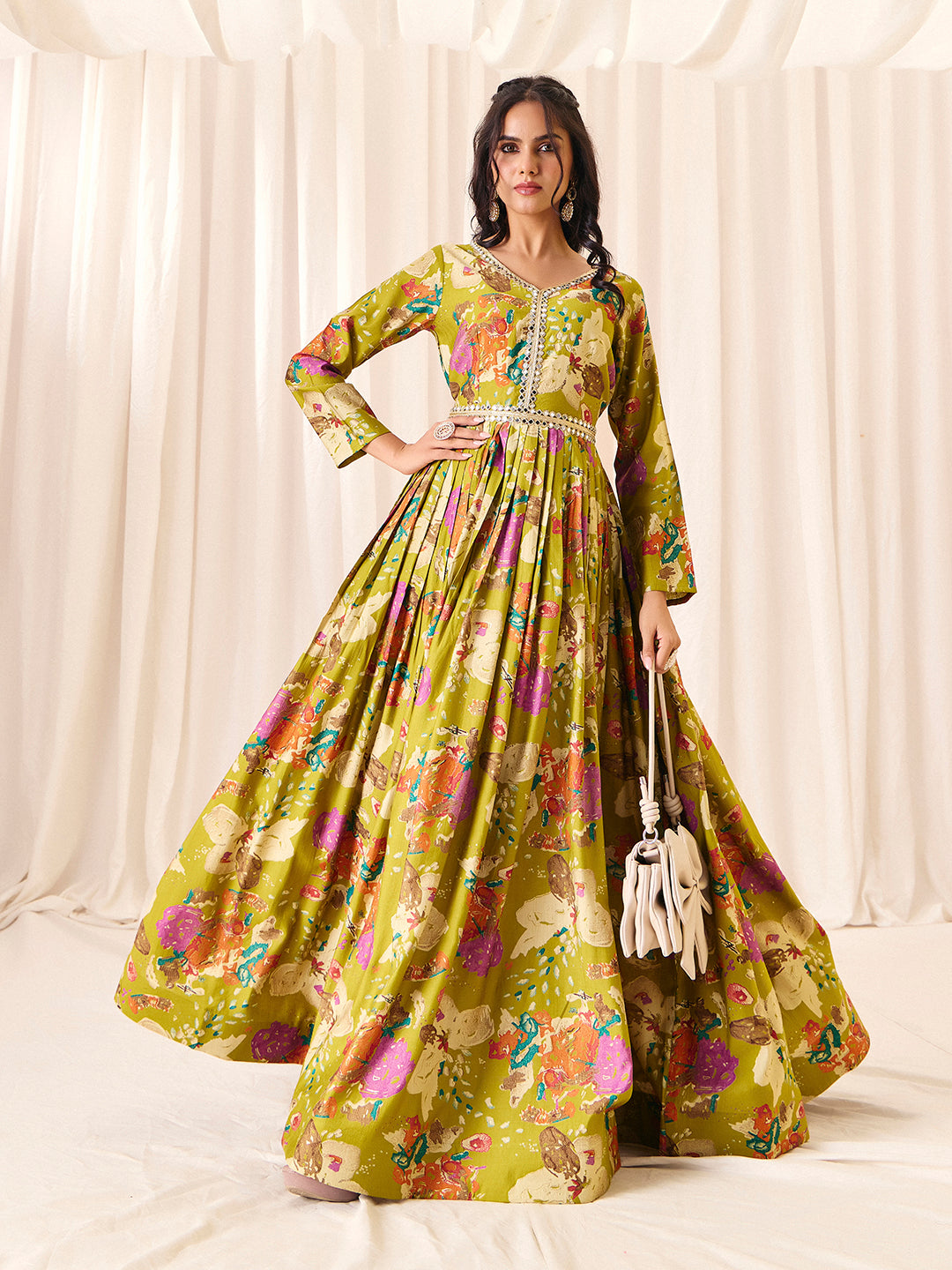Green Flower Printed Rayon Anarkali Long Gown | Perfect For Parties, Engagements & Weddings | M-2562 G