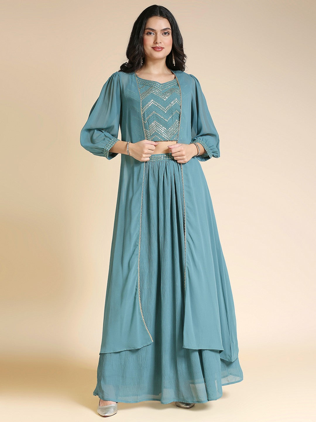 Teal & Gold Georgette Lehenga Choli For Women With Shrug