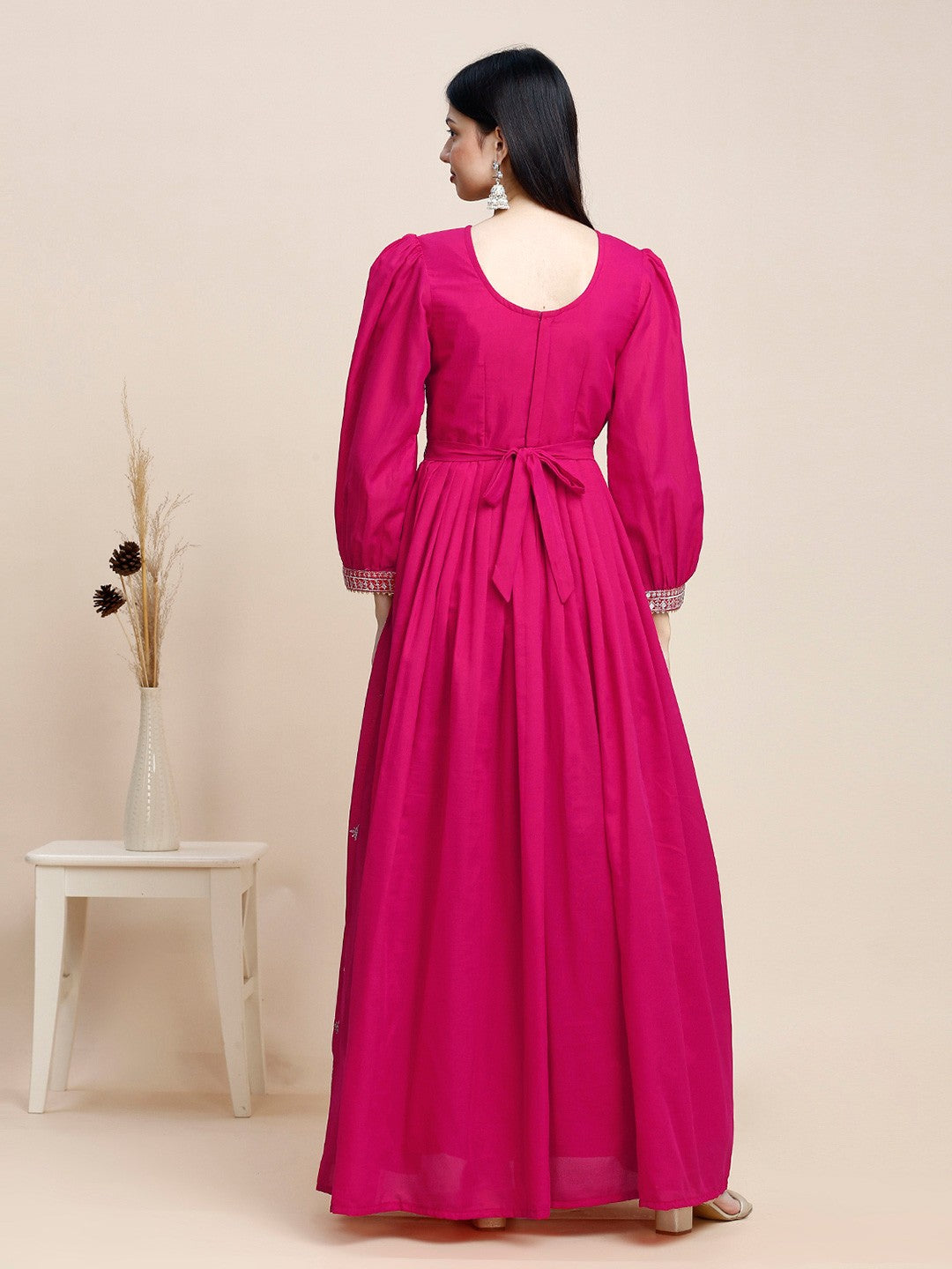 Pink Crepe Puff Sleeves Anarkali Long Gown