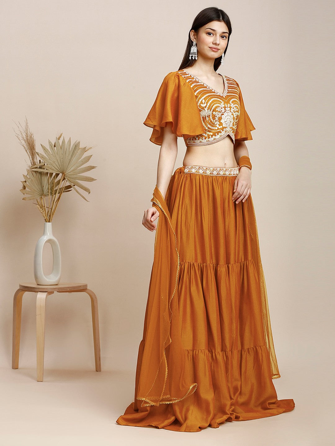 Orange Silk Embroidered Lehenga & Blouse For Women With Dupatta
