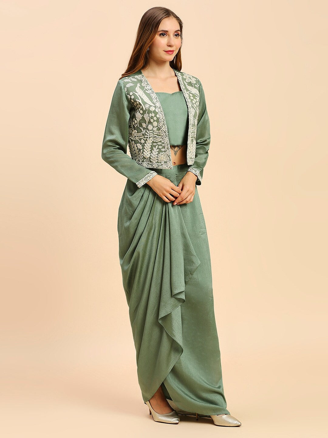 Green Silk Indo Wester Lehenga Choli For Women With Jacket