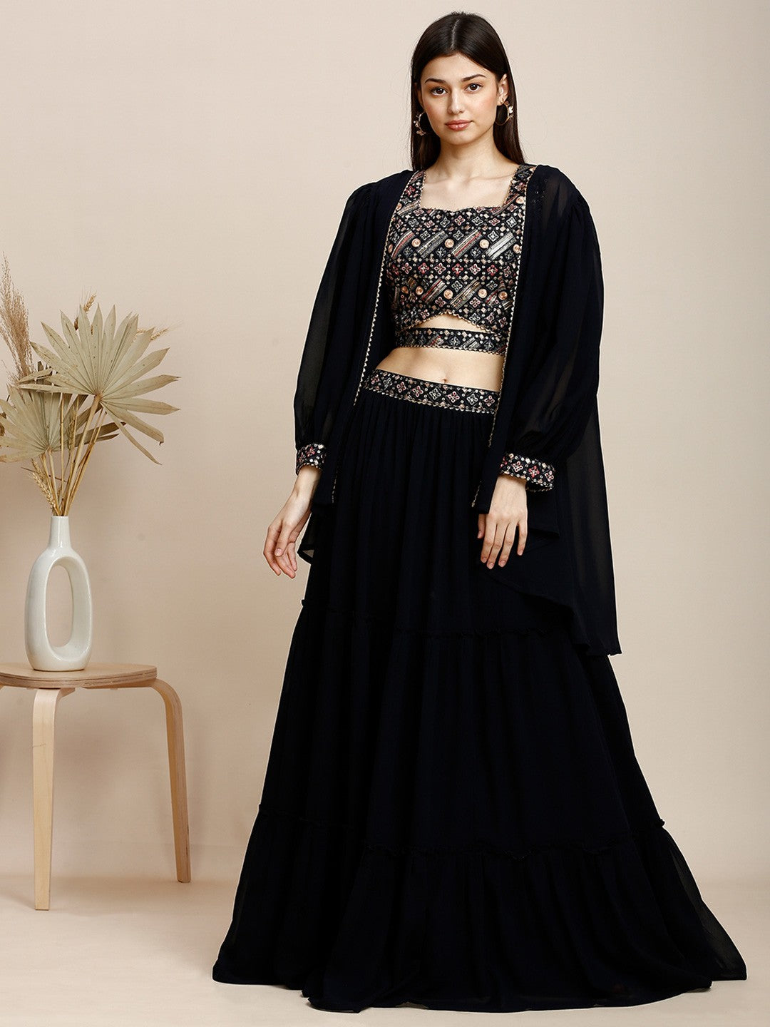 Navy Blue Georgette Lehenga Choli For Women With Shrug