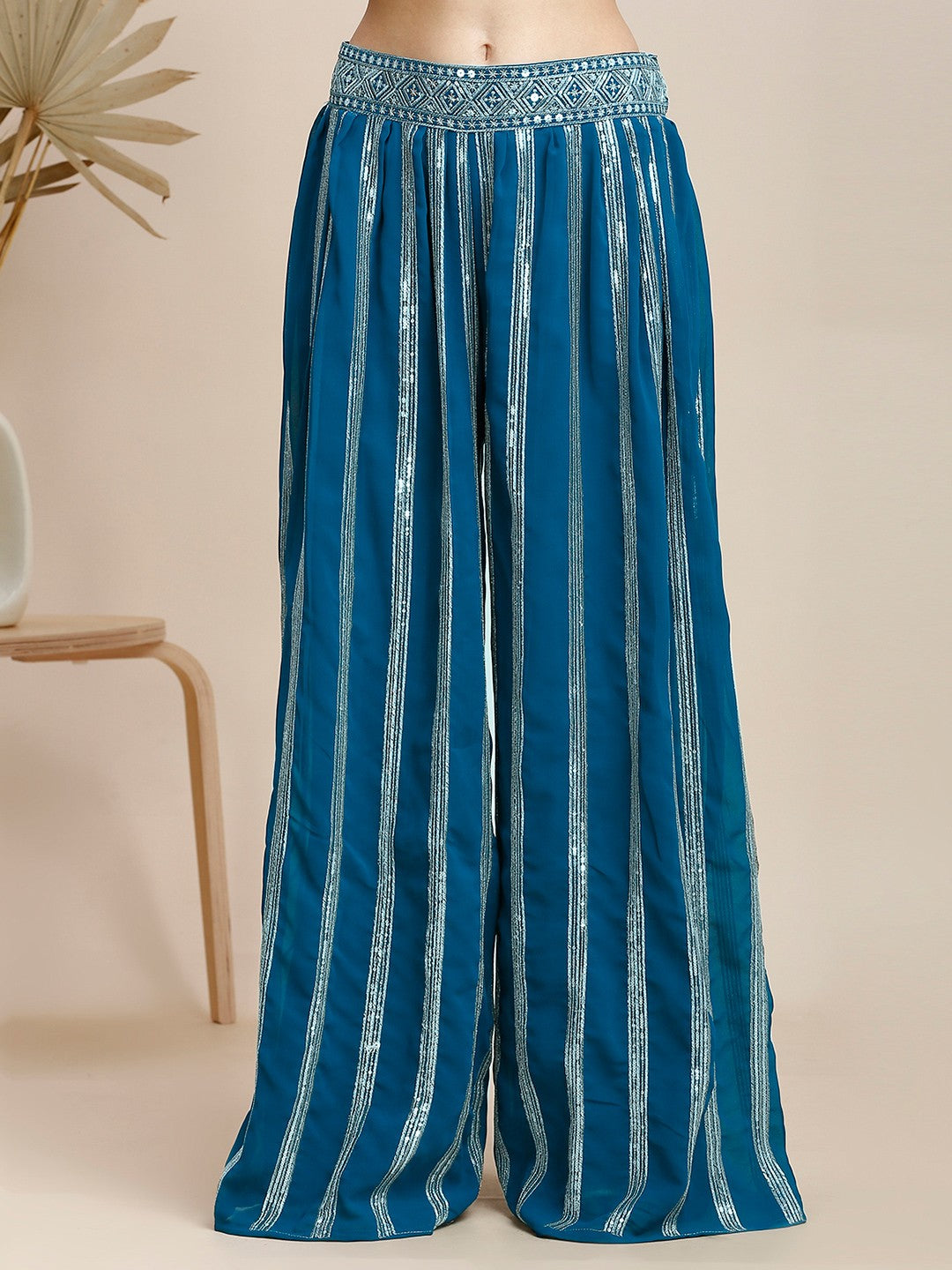 Blue Silk & Georgette Plazzo Set For Women With Crop Top & Shrug