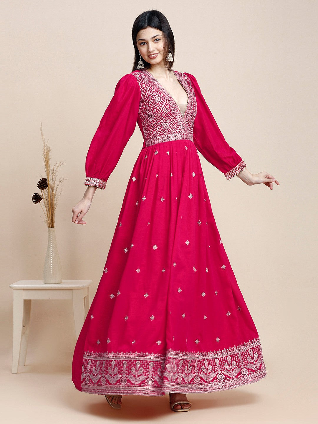 Pink Crepe Puff Sleeves Anarkali Long Gown