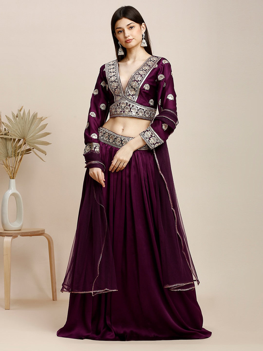 Maroon Silk Lehenga & Blouse For Women With Dupatta