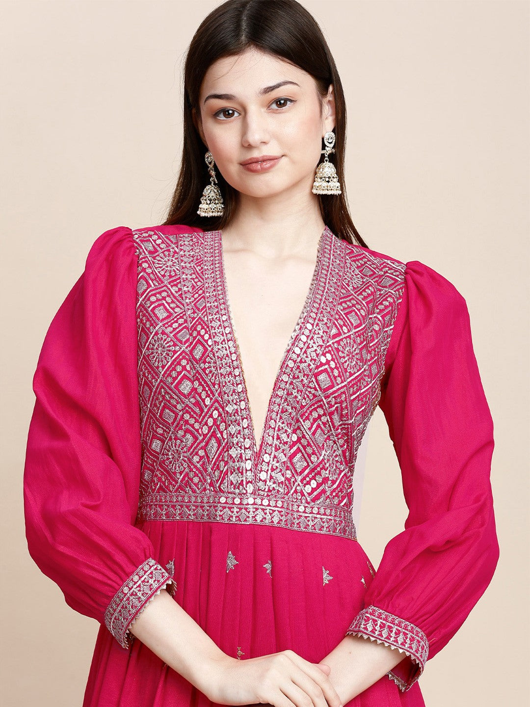 Pink Crepe Puff Sleeves Anarkali Long Gown