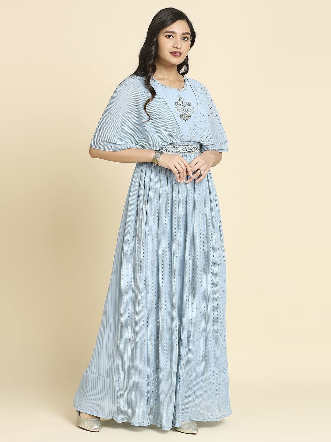 Sky Blue Georgette Long Gown With Belt