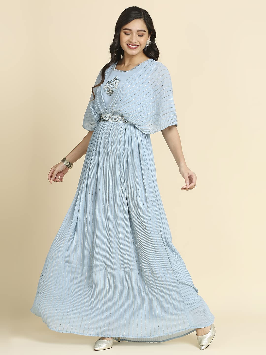 Sky Blue Georgette Long Gown With Belt
