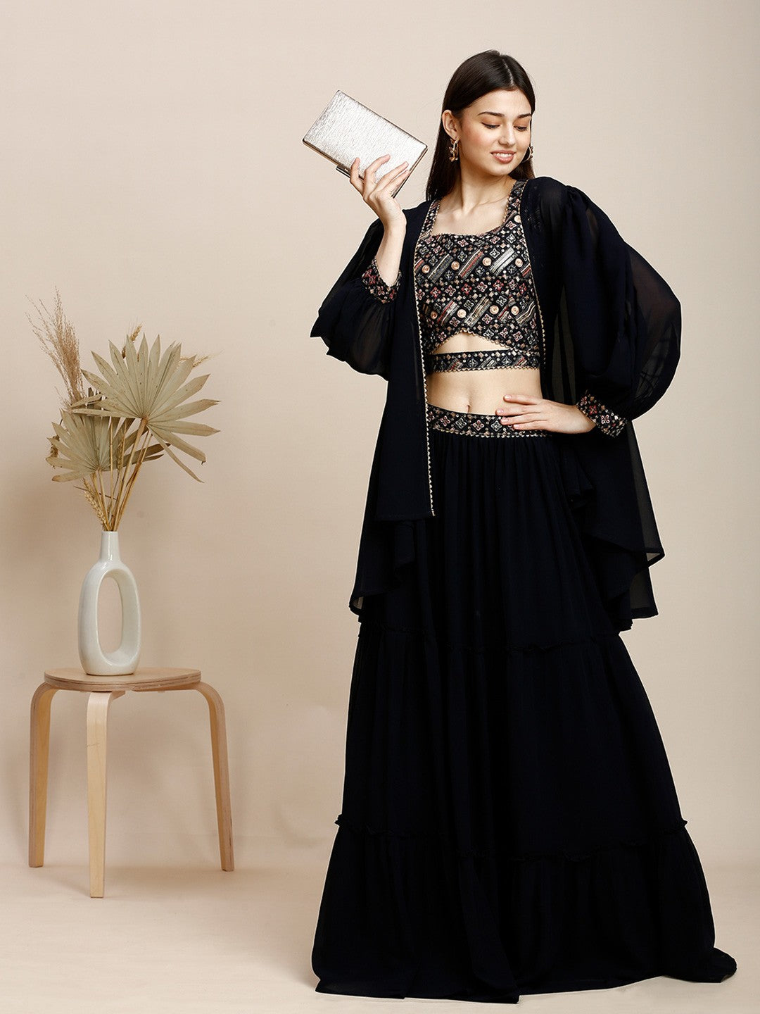 Navy Blue Georgette Lehenga Choli For Women With Shrug