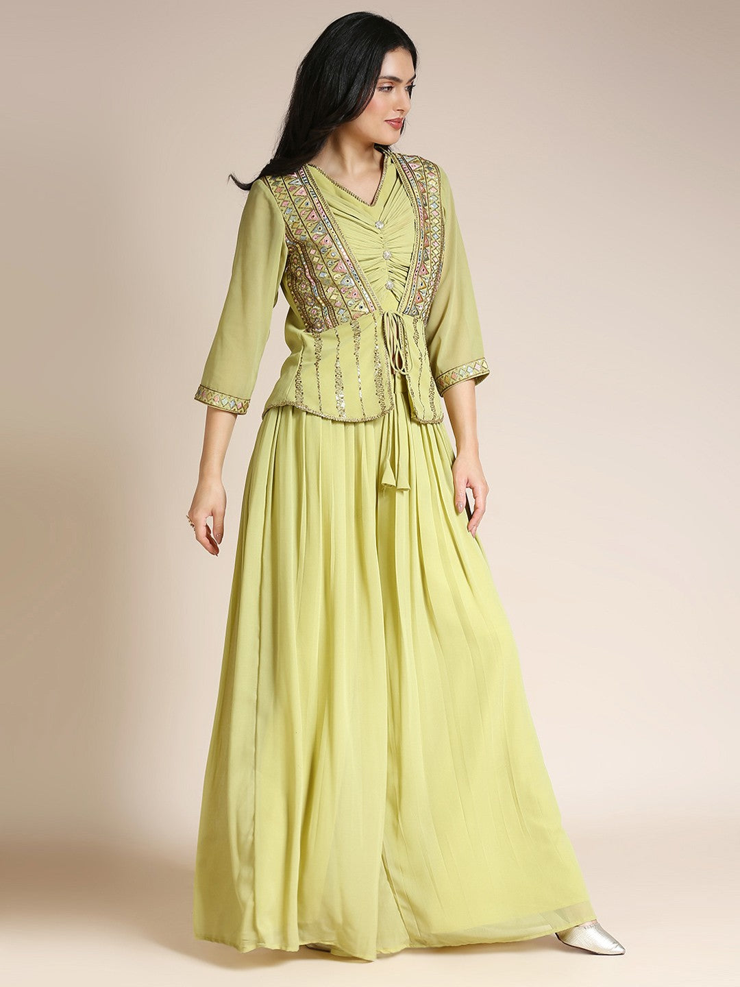 Yellow Georgette Plazzo Set For Women With Top & Jacket