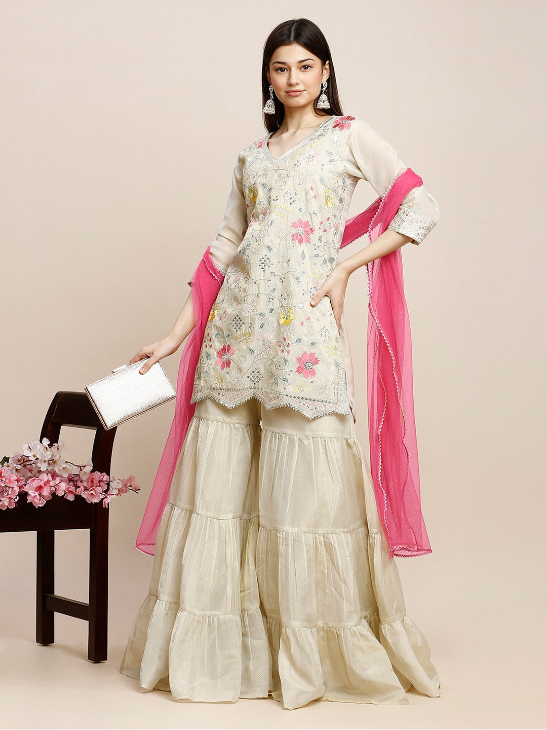 White Poly Silk Kurta Sets For Women With Sharara & Dupatta