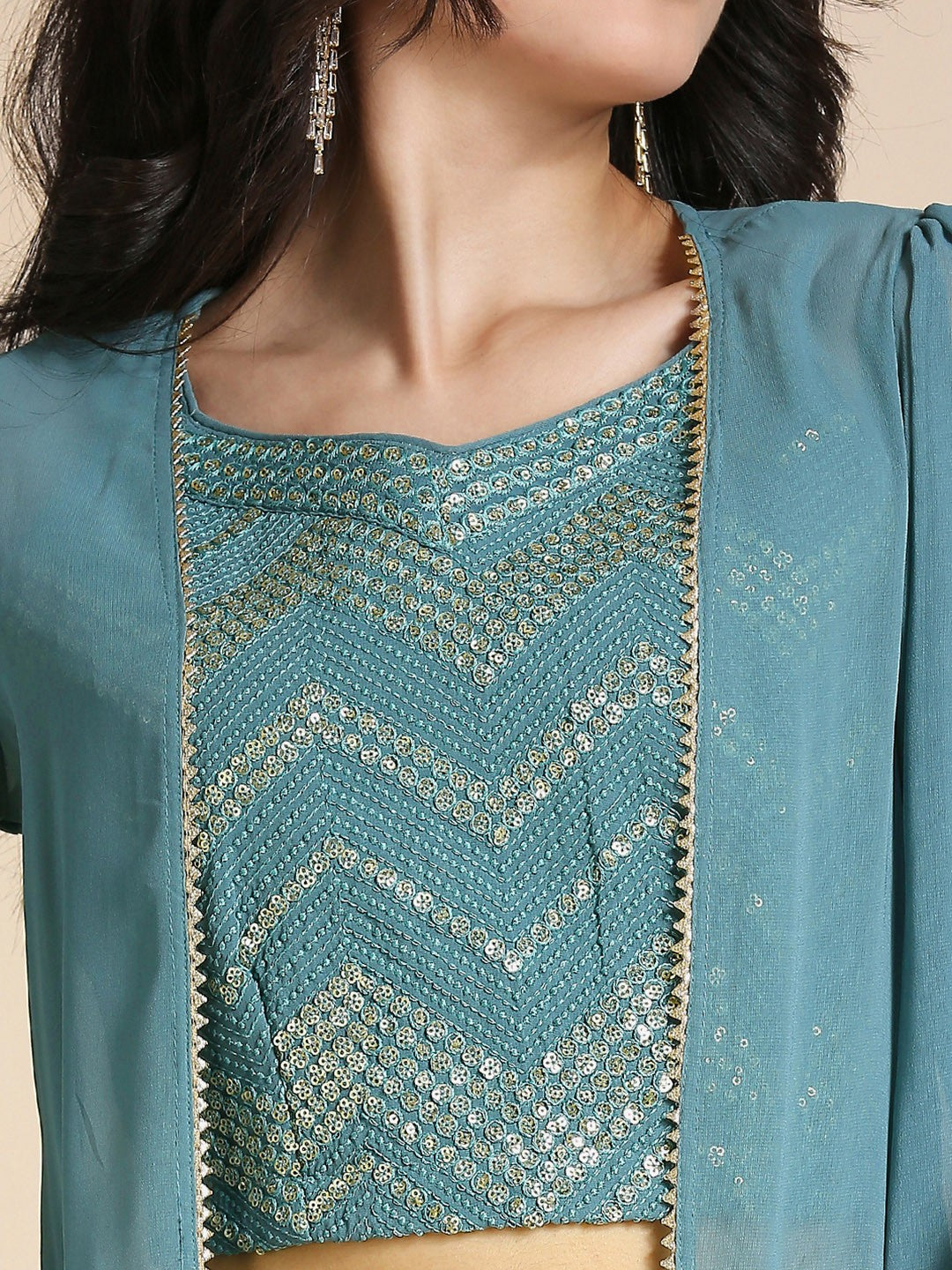 Teal & Gold Georgette Lehenga Choli For Women With Shrug