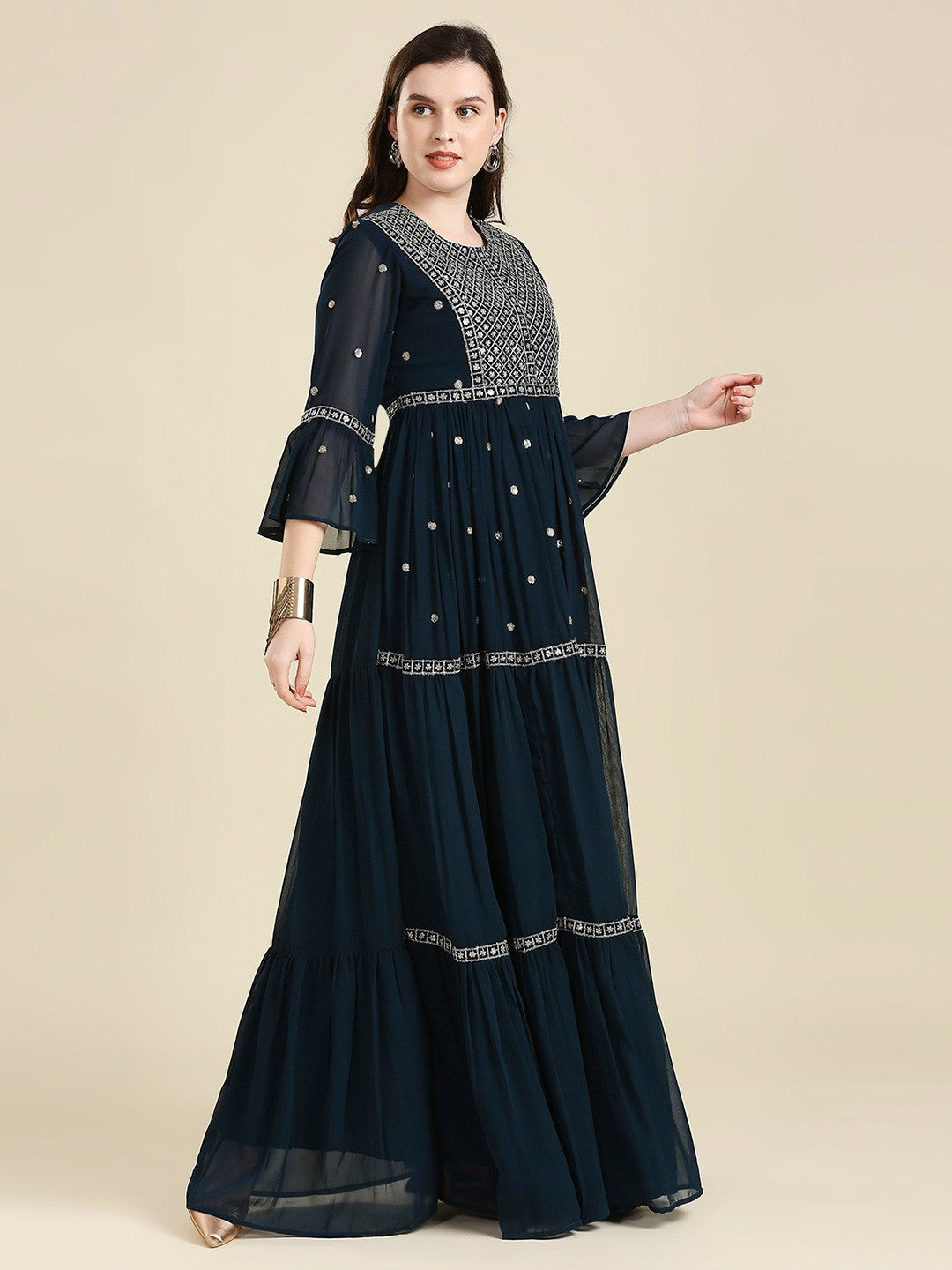 Navy Blue & Gold Georgette Long Gown Dress for Women