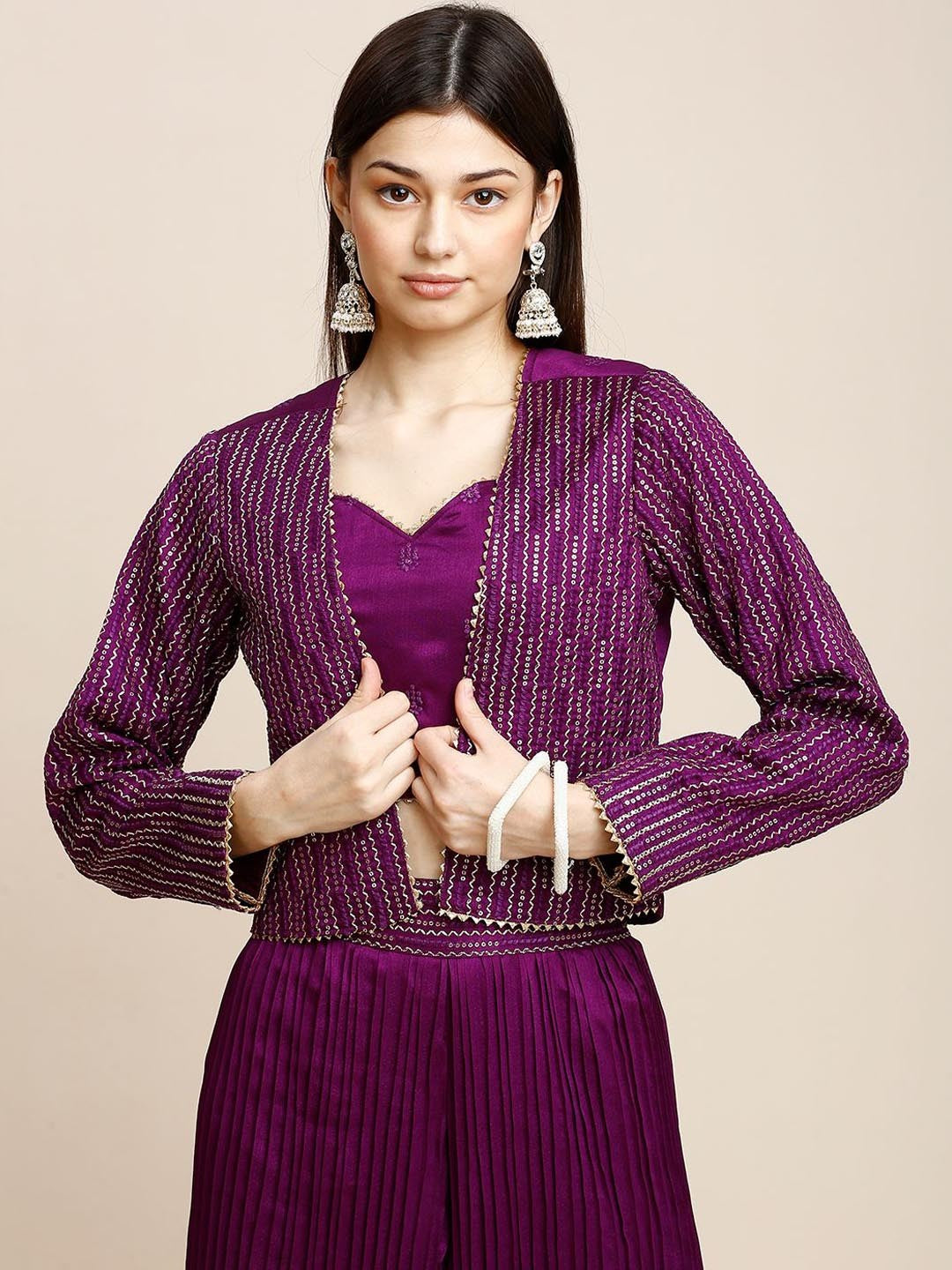 Purple Silk Plazzo Set For Women With Top & Jacket