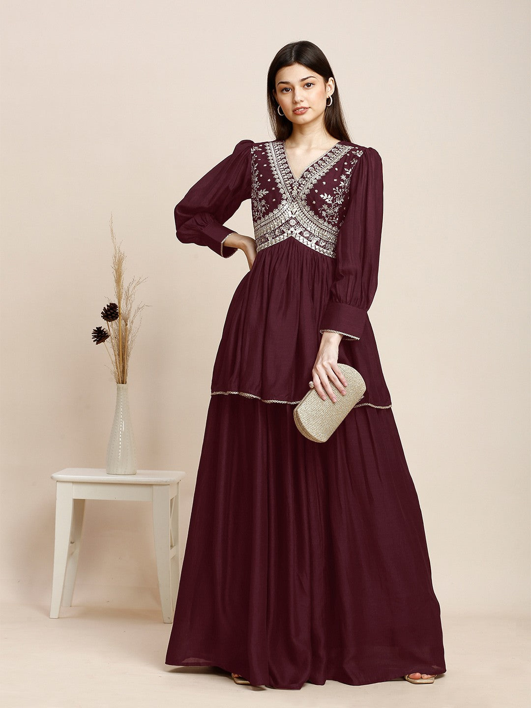 Maroon Knitted Long Gown Dress For Women